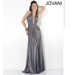 Jovani 2000s Gray Plunging Open Back Ruching Gown 6543 Size 6